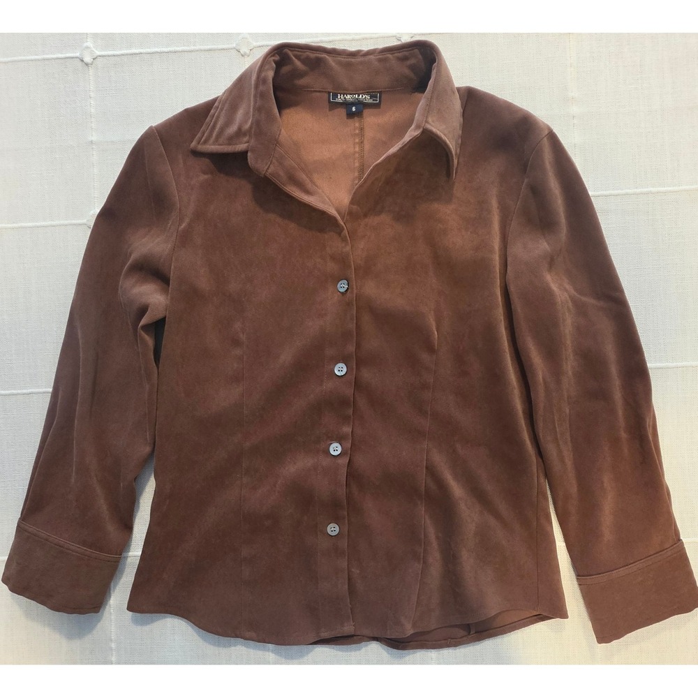 Harolds Women Brown Faux Suede Button Down Shirt Size 6 Long Sleeve Blouse